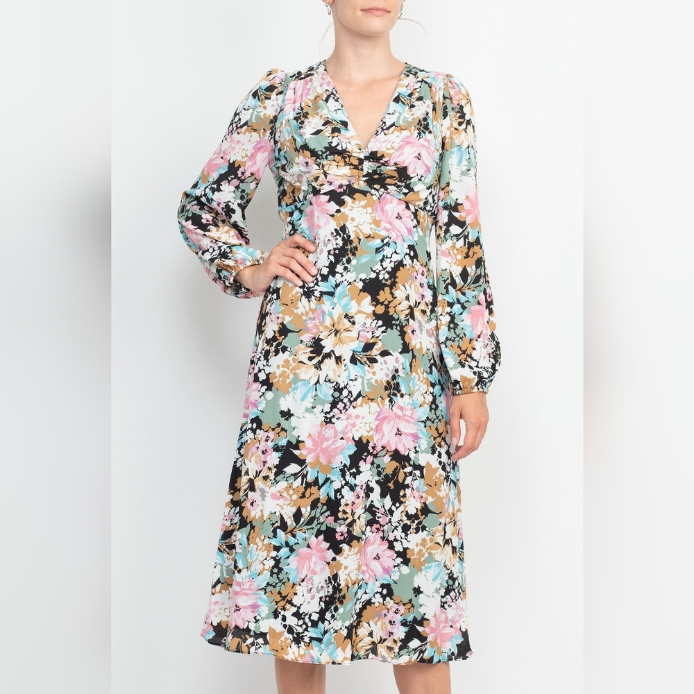 London Times V-Neck Bishop Long Sleeve Floral Print Zipper Back Crepe Dress 8